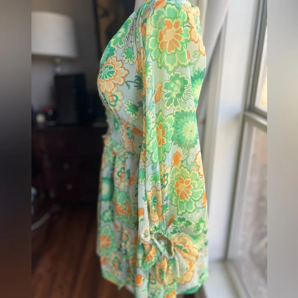 ASOS Green Orange Floral Open Back Smocked Mini Dress 70s Retro 4